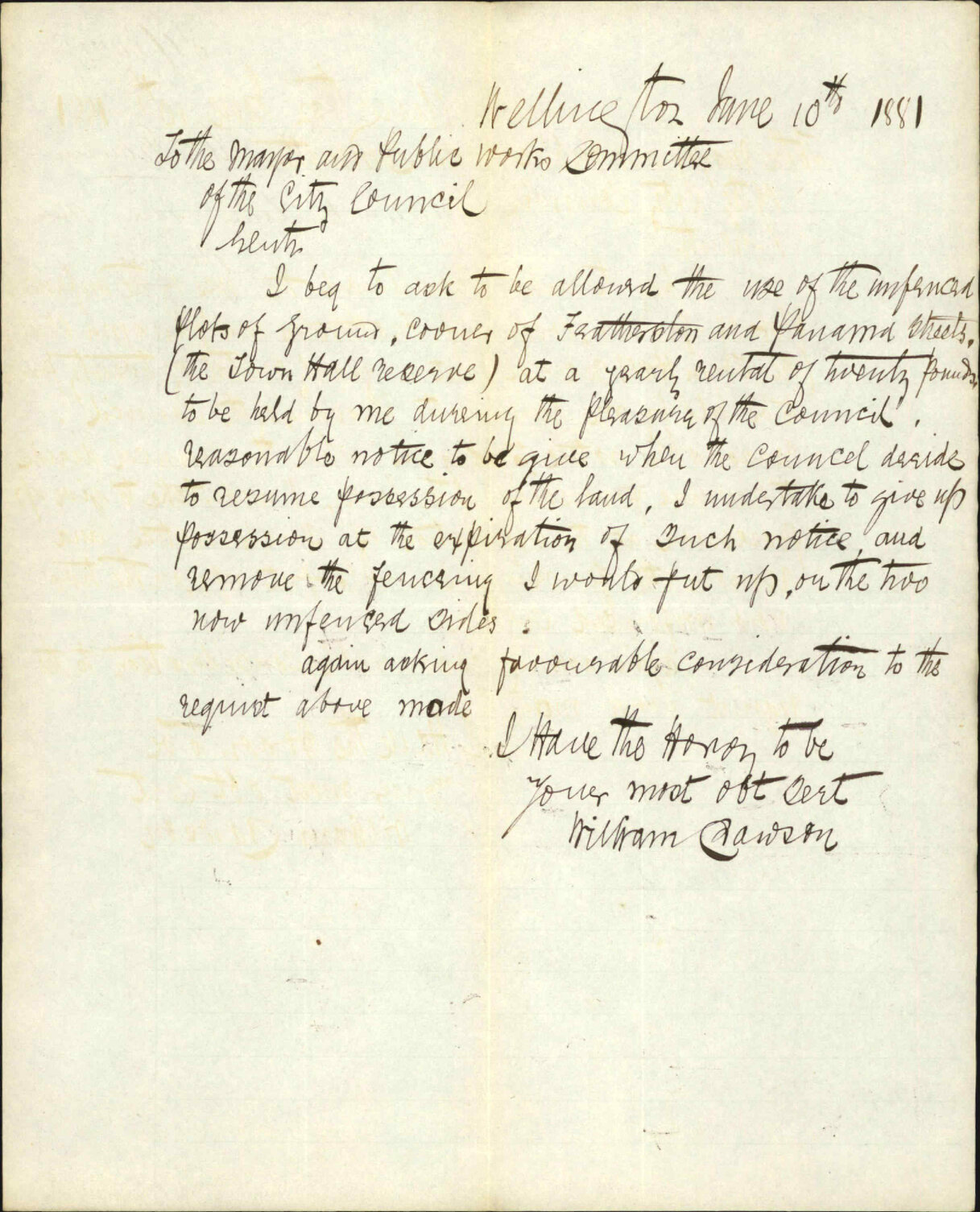 William Dawson, application to lease town hall reserve