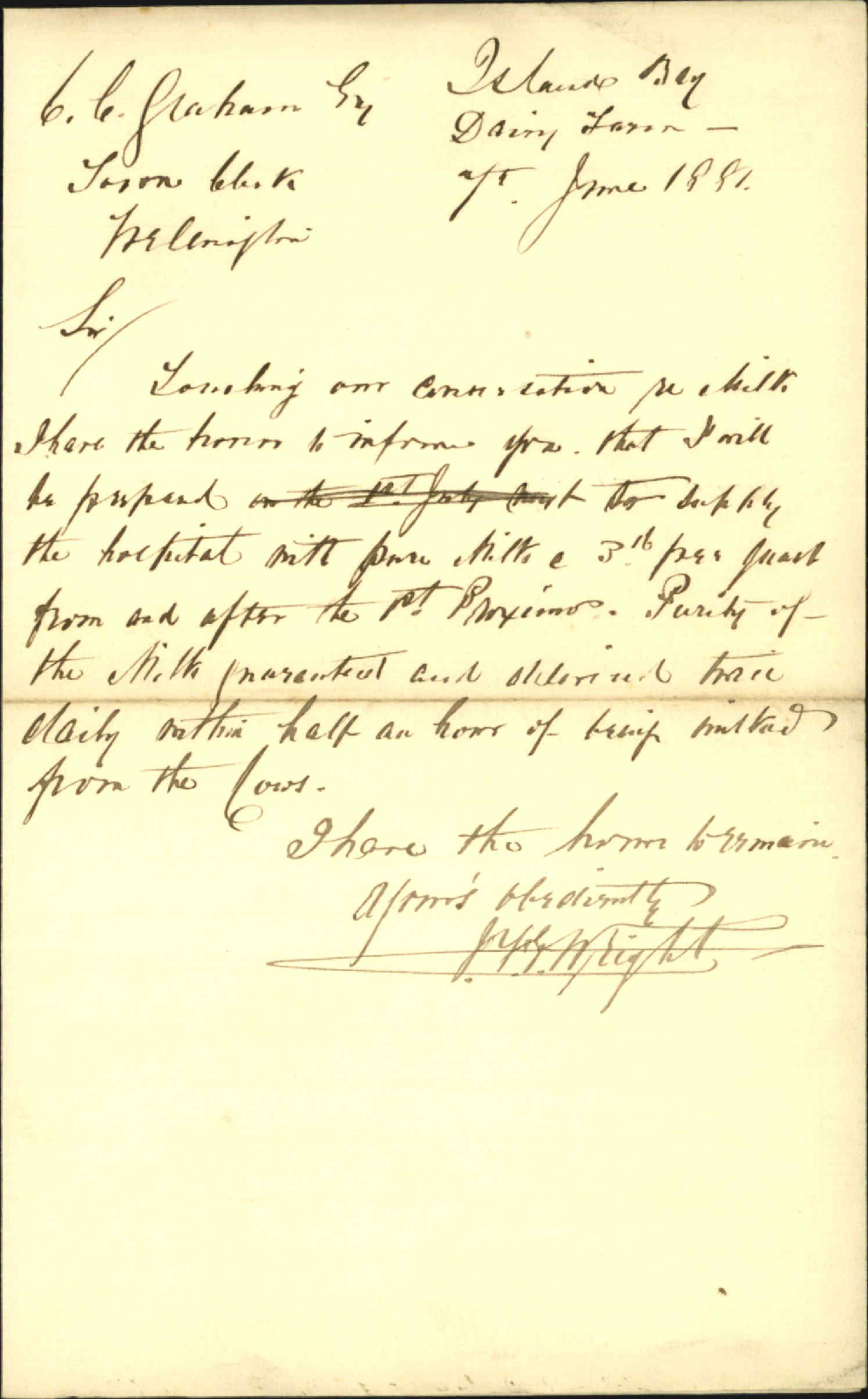 J F E Wright, offer to supply milk to new hospital
