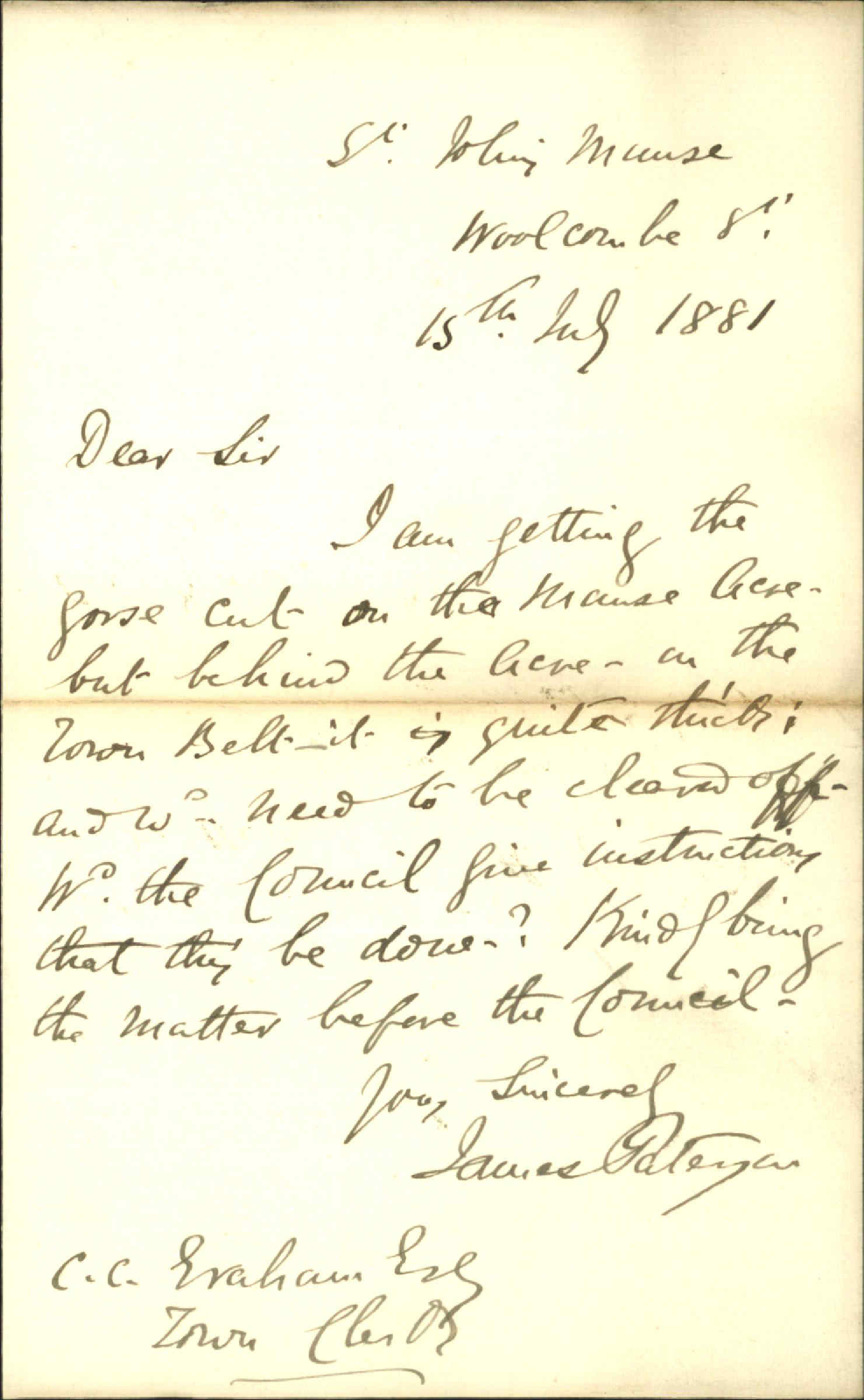 Rev J Paterson, complaint as to gorse on Town Belt section 48