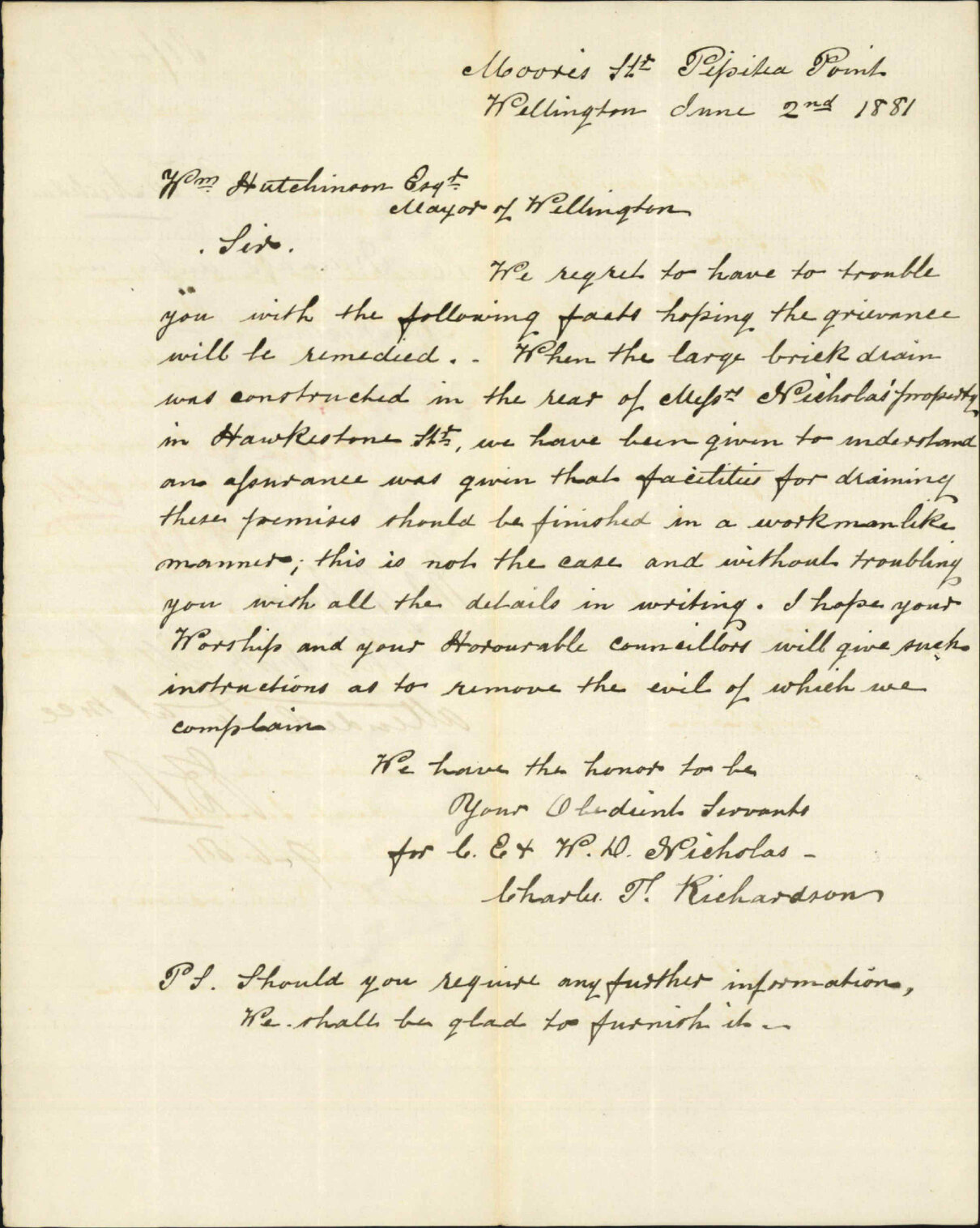 C W Nicholson, regarding drainage works in Hawkestone Street
