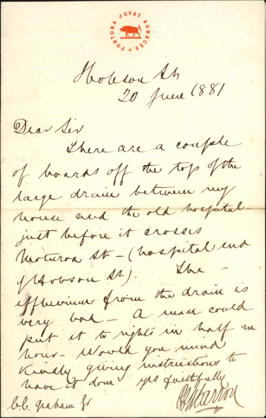 C C A Barron, complaint as to drain near the hospital