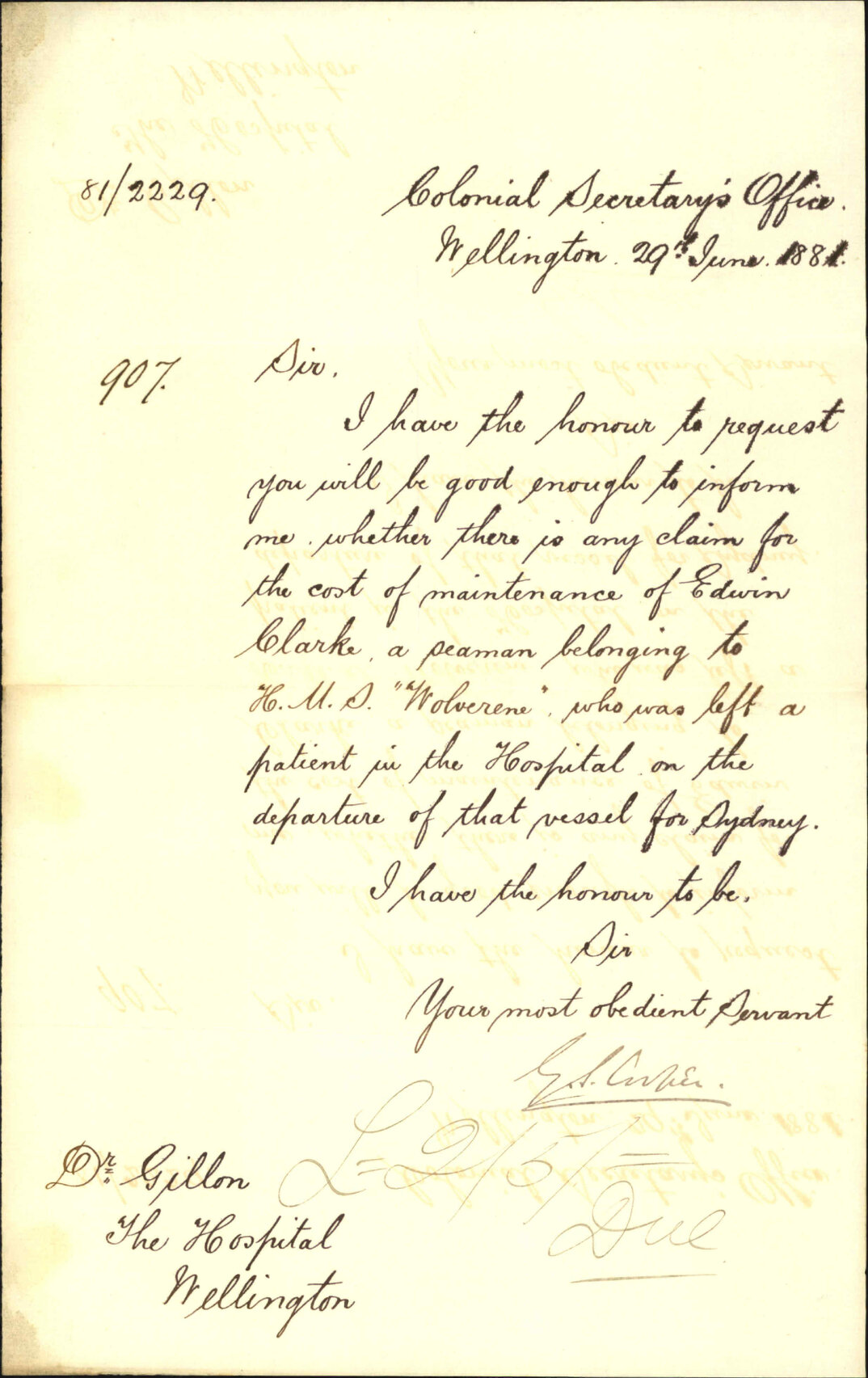 Colonial Secretary's Office, regarding hospital maintenance of seamen ex HMS "Wolverene"