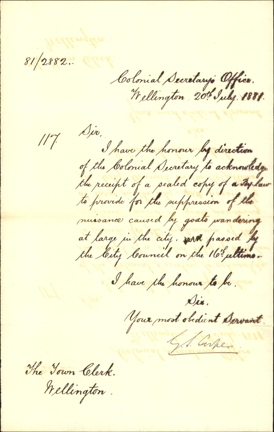 Colonial Secretary's Office, acknowledging receipt of bylaw regarding Goat nuisance