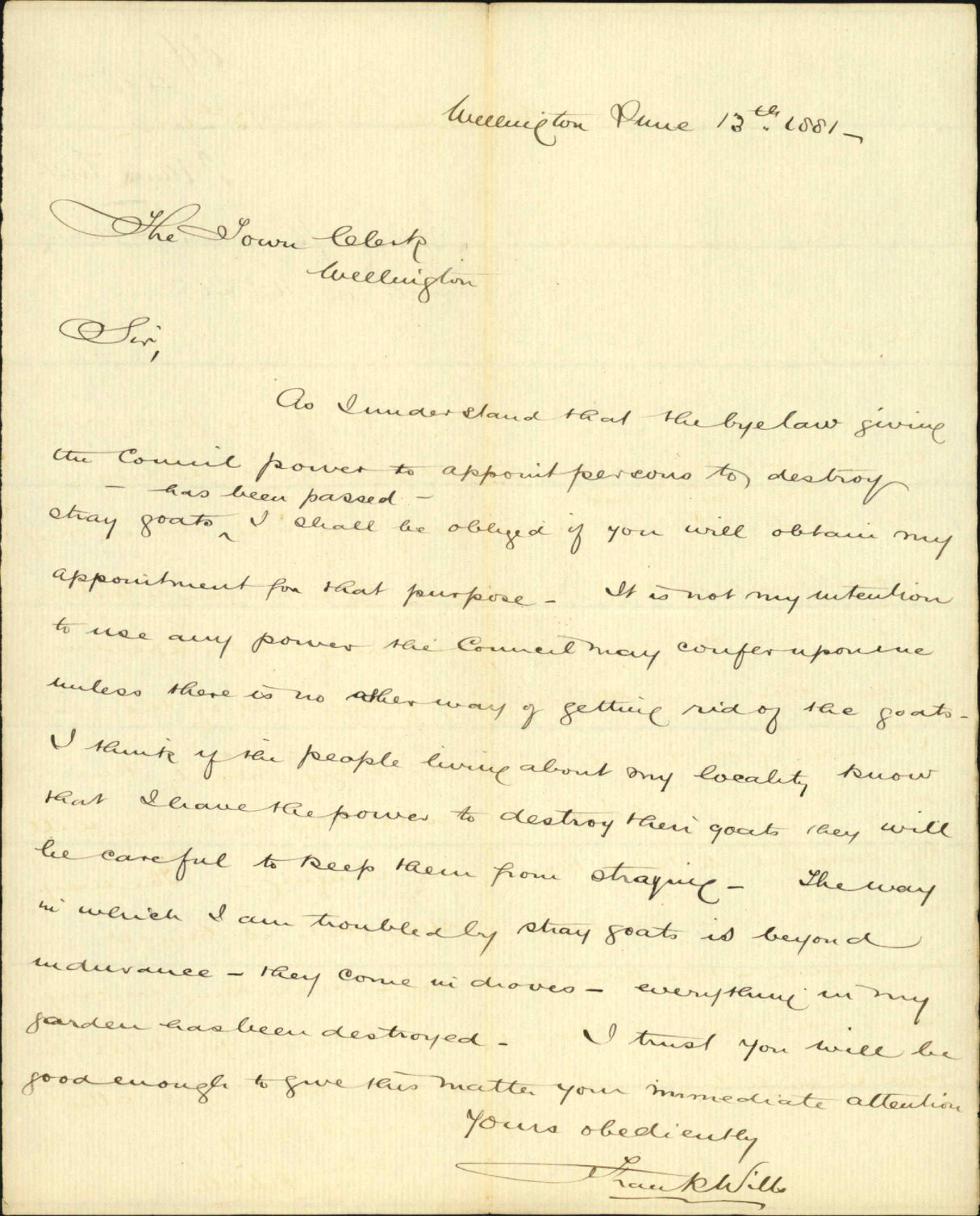 Frank Wills, asking for authority to destroy goats