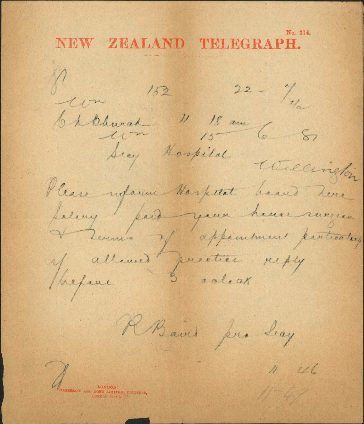Hospital, Christchurch, asking particulars as to resident surgeon