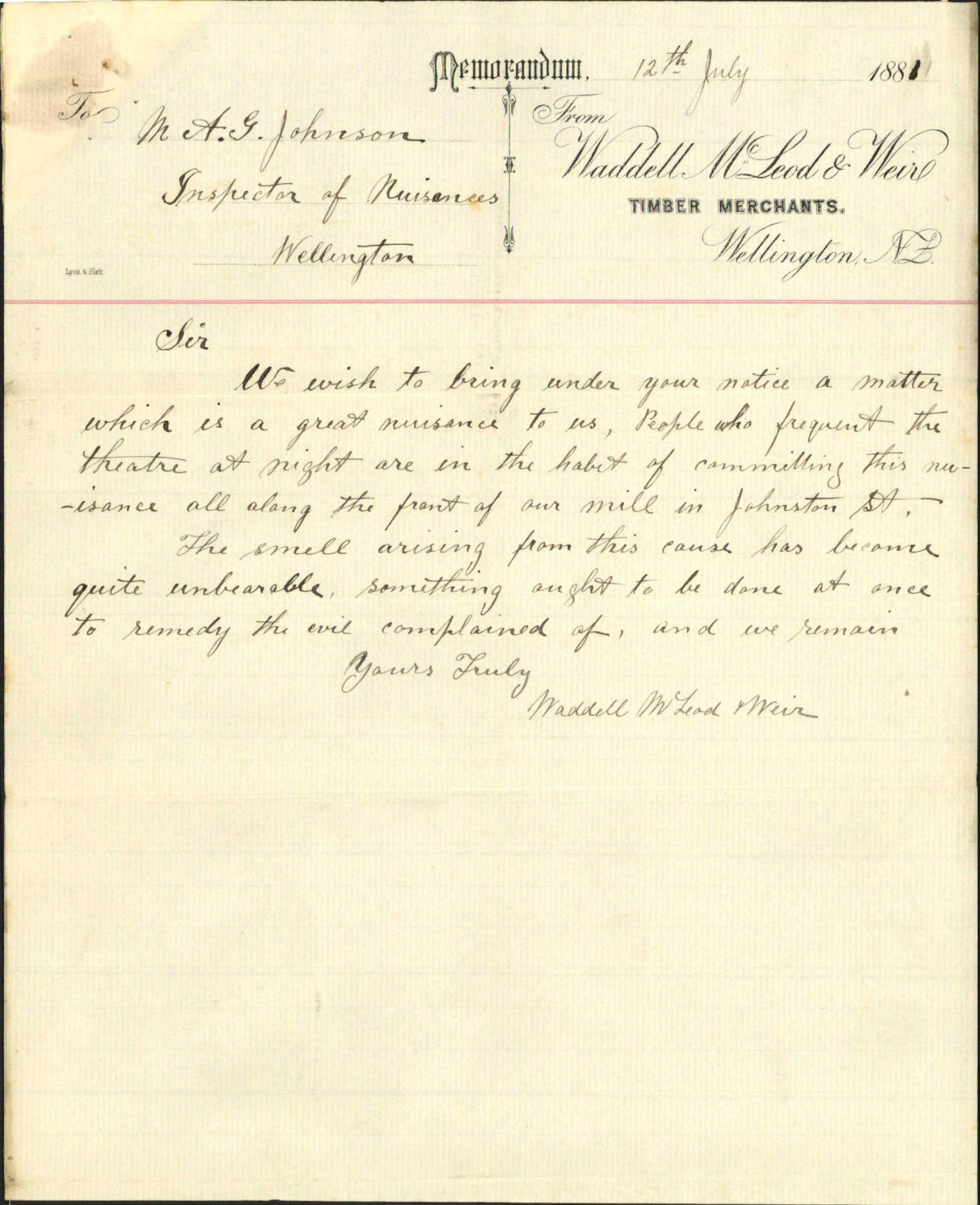Waddell McLeod and Weir, complaint as to nuisance in Johnstone Street