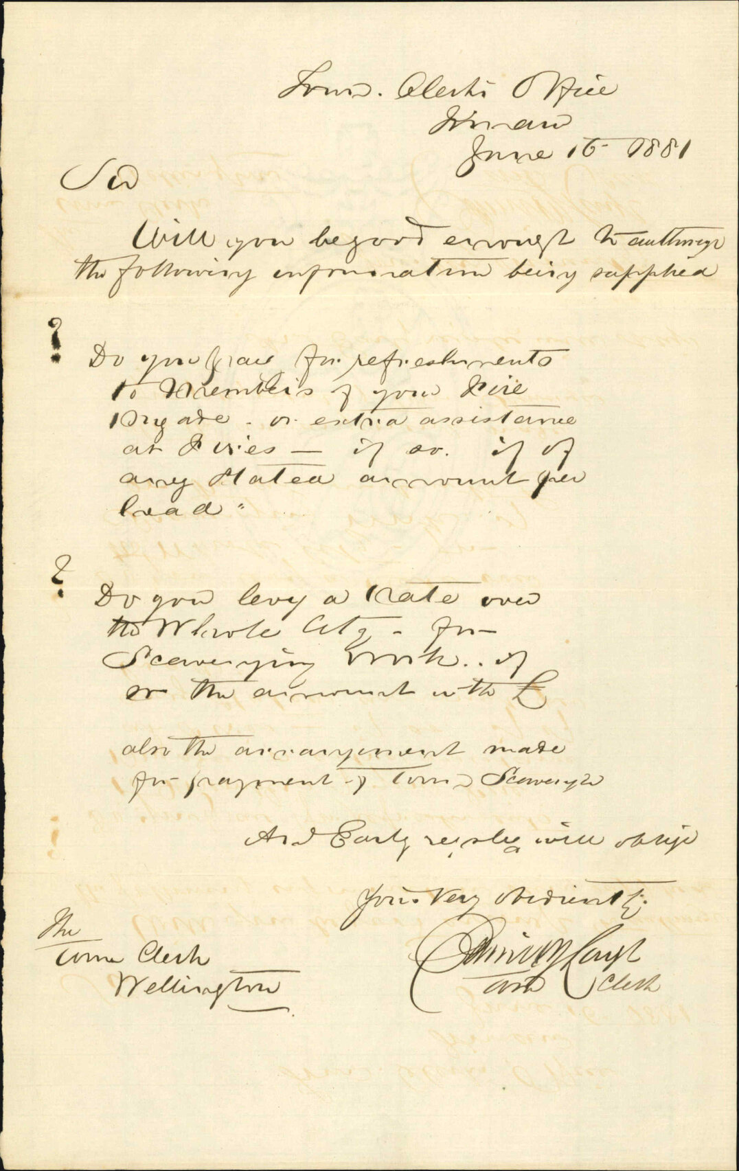 Town Clerk, Timaru, asking information regarding Fire Brigade and rates for scavenging