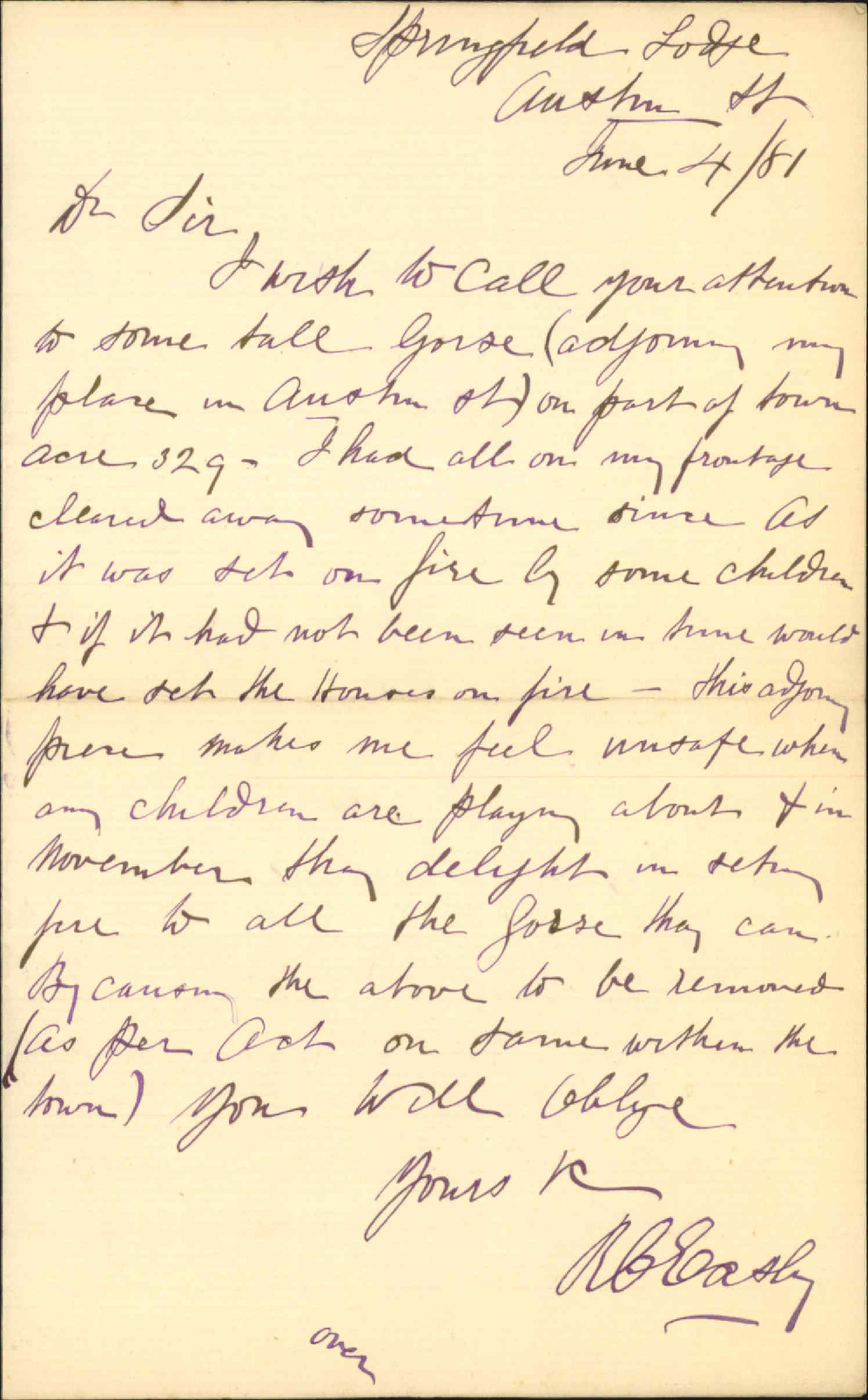 R C Easly, complaining of gorse at Austin Street property