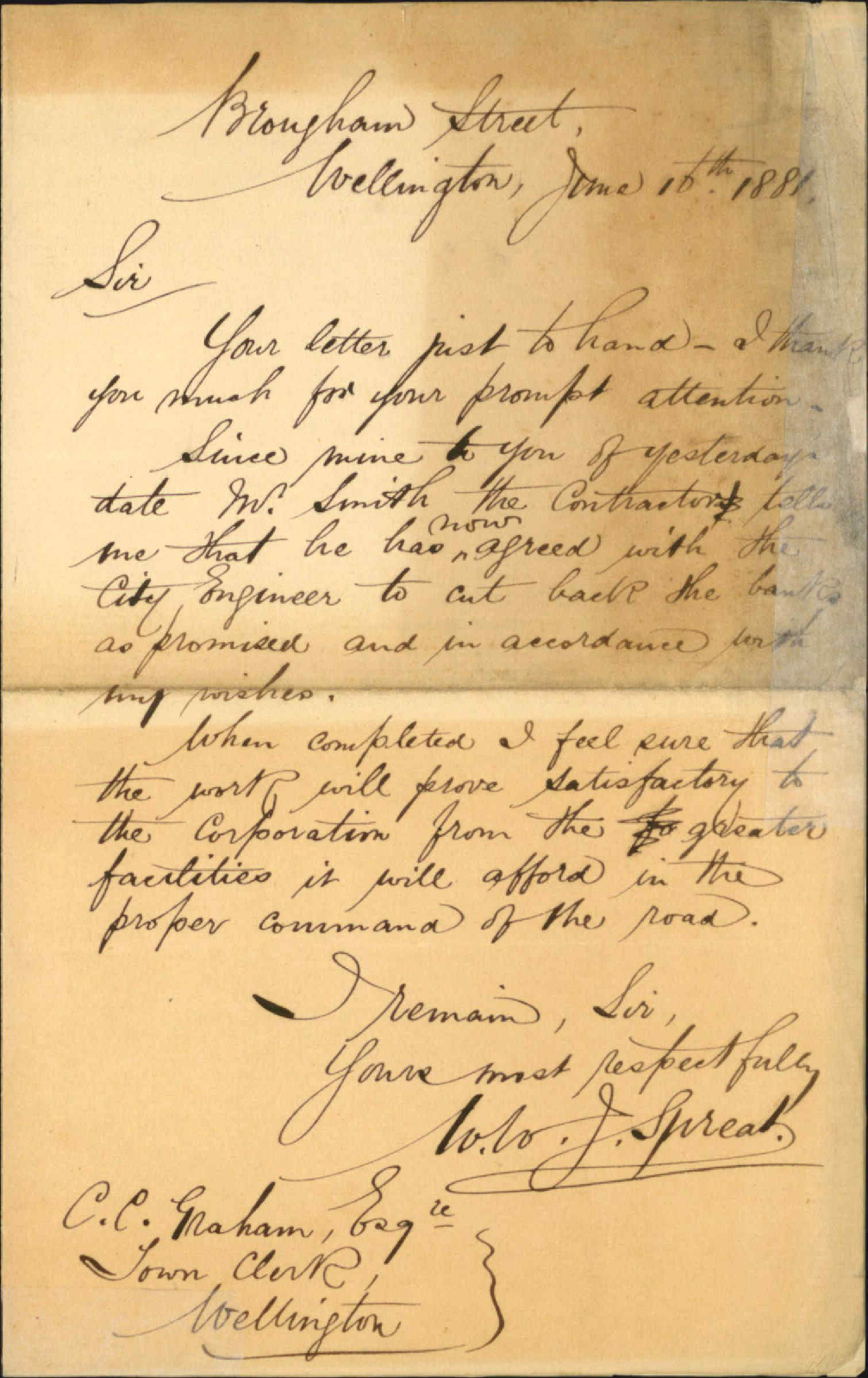 W W J Spreat, regarding cutting in Pirie Street