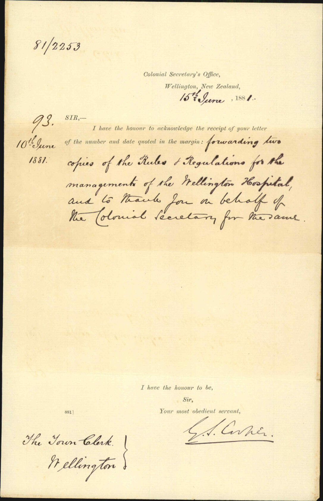 Colonial Secretary's Office, acknowledging receipt of rules and regulations for hospital