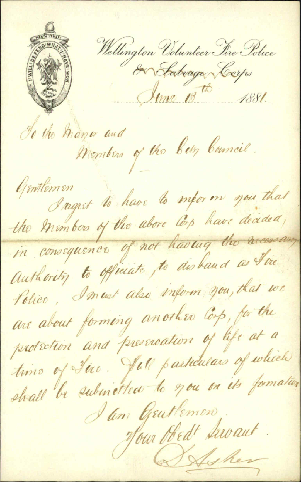 D Asher, regarding formation of new Fire Escape Corps