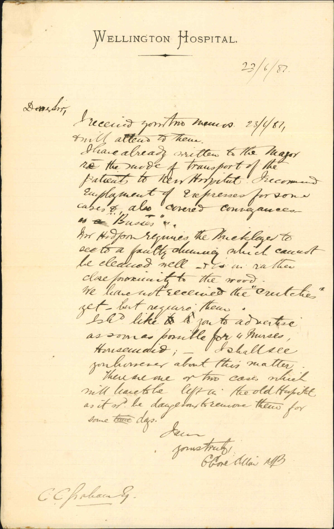 Hospital Surgeon, regarding arrangements for removal of patients