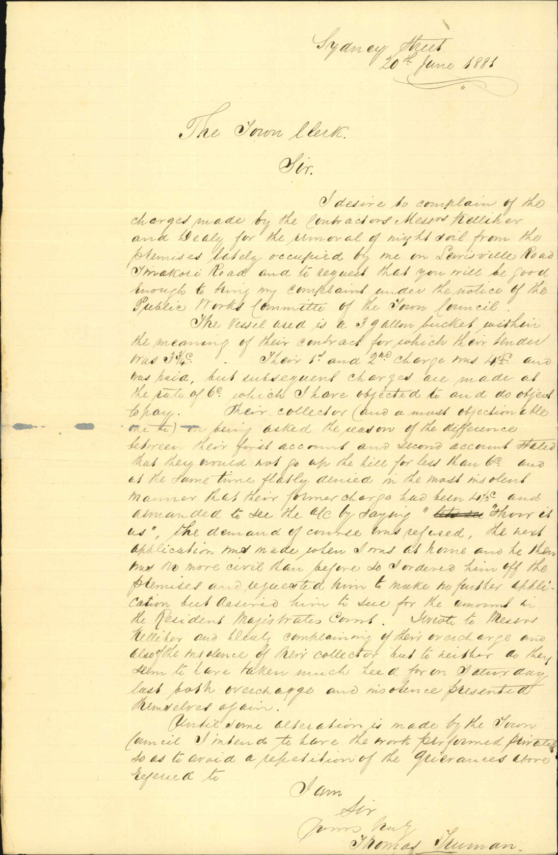 Thomas Truman, complaining against the night soil contractors