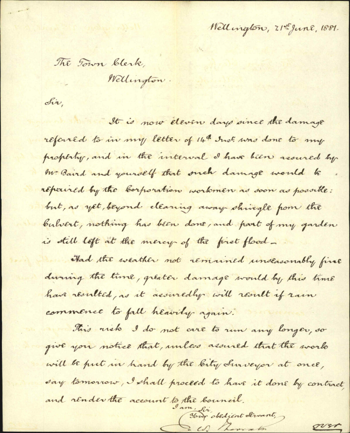 E W Morrah, further regarding damage to his property by overflow of water