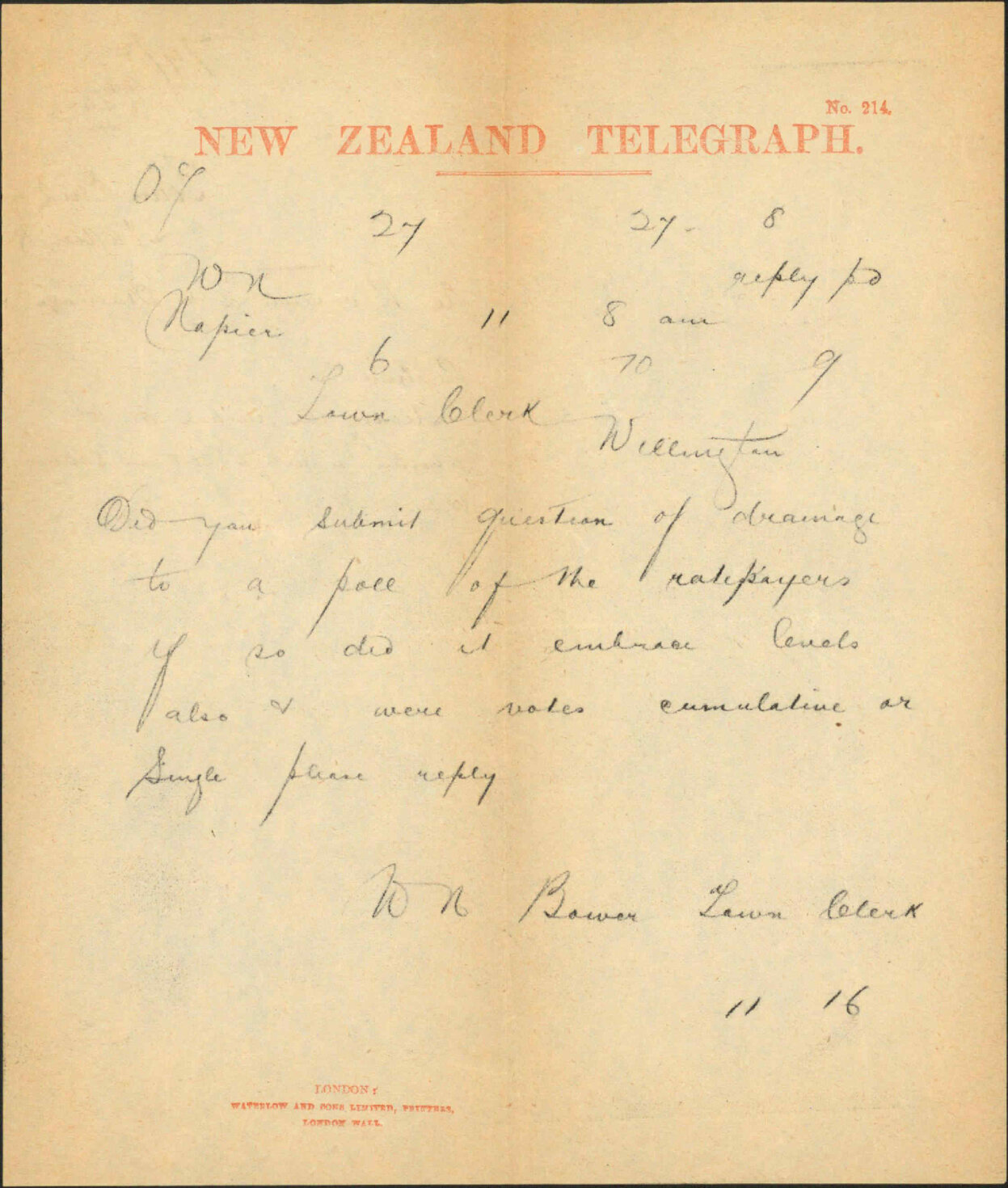 Re telegraph re polling ratepayers about drainage - Town Clerk, Napier