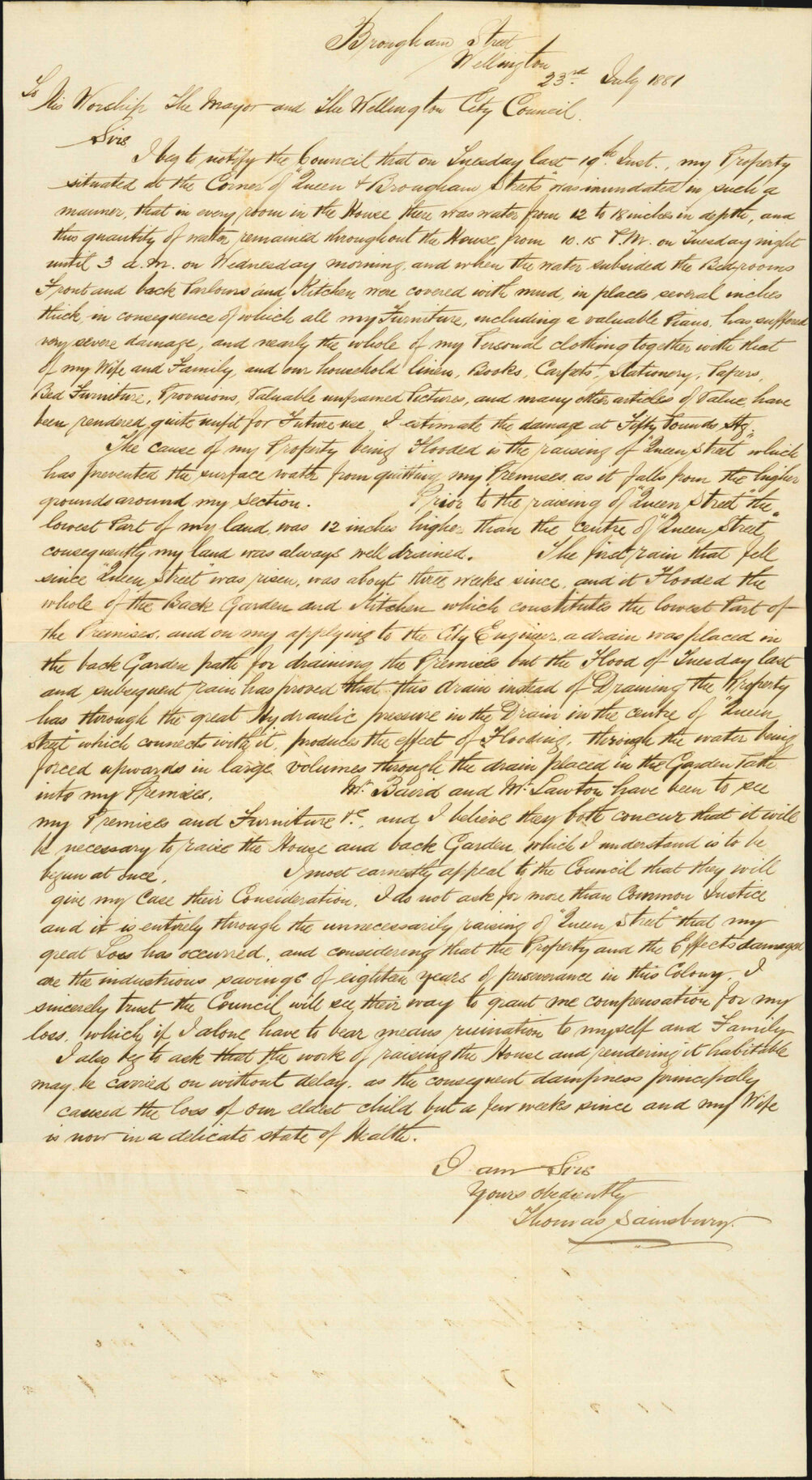 Thomas Sainsbury, regarding damage to his property in Queen Street