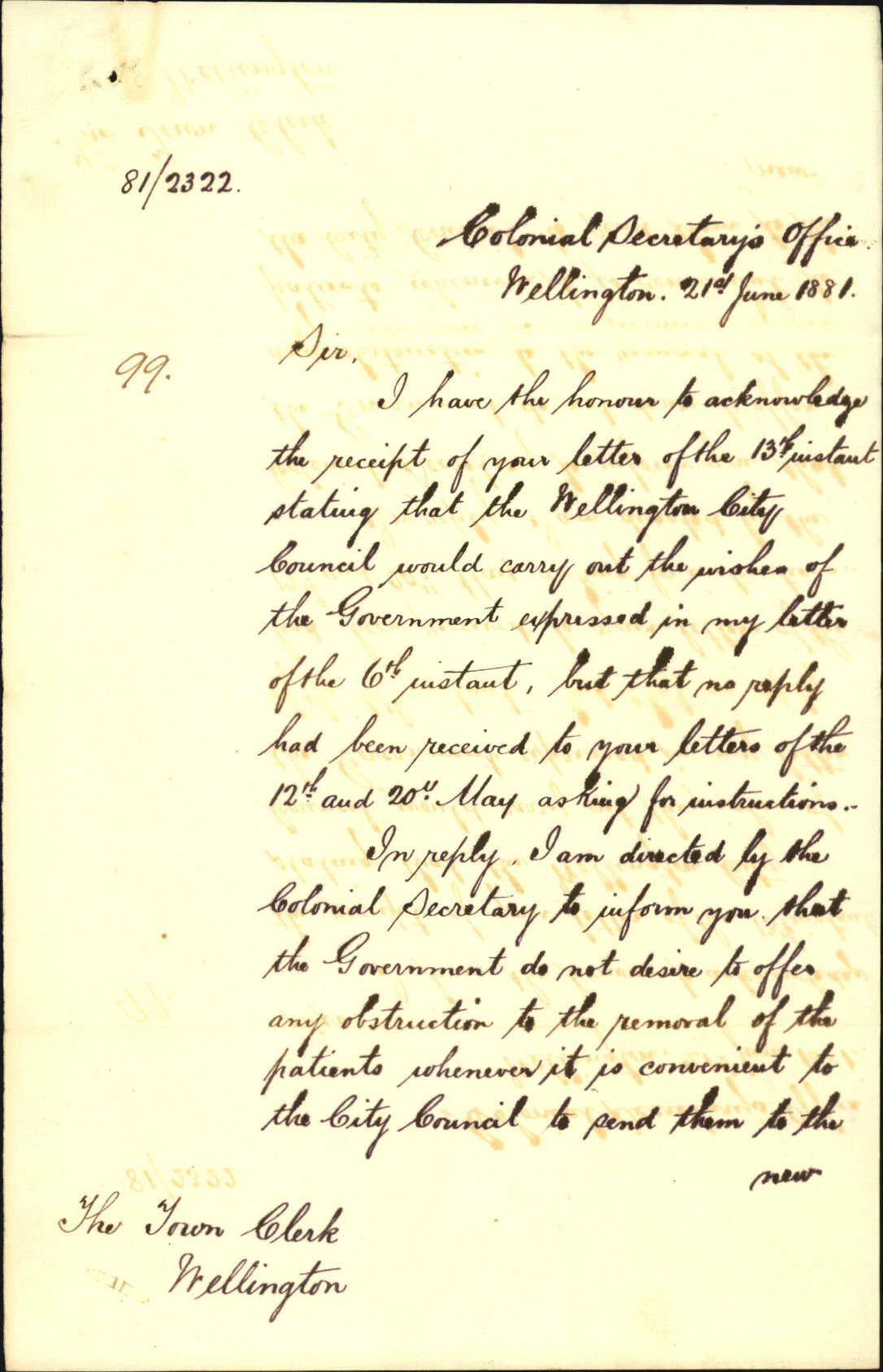 Colonial Secretary's Office, regarding removal of patients to new hospital