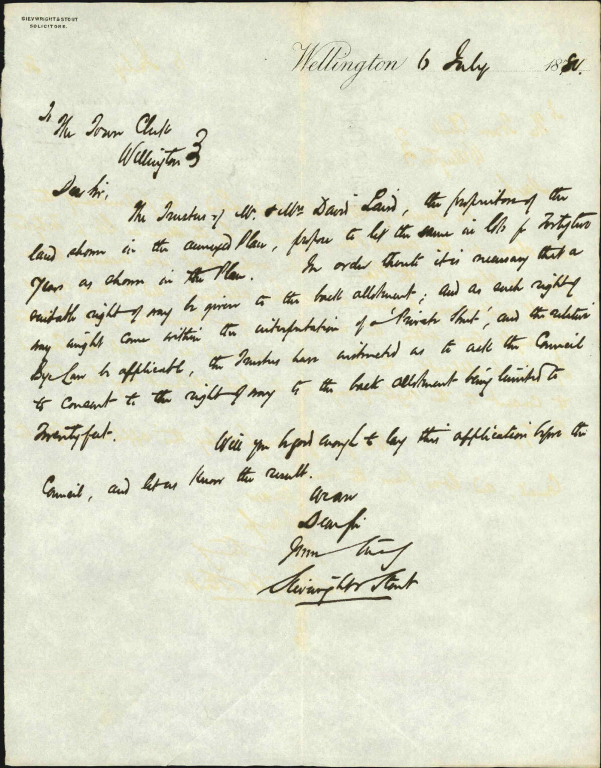 Silverwright and Stout, asking for right of way through Lairds' property off Abel Smith Street