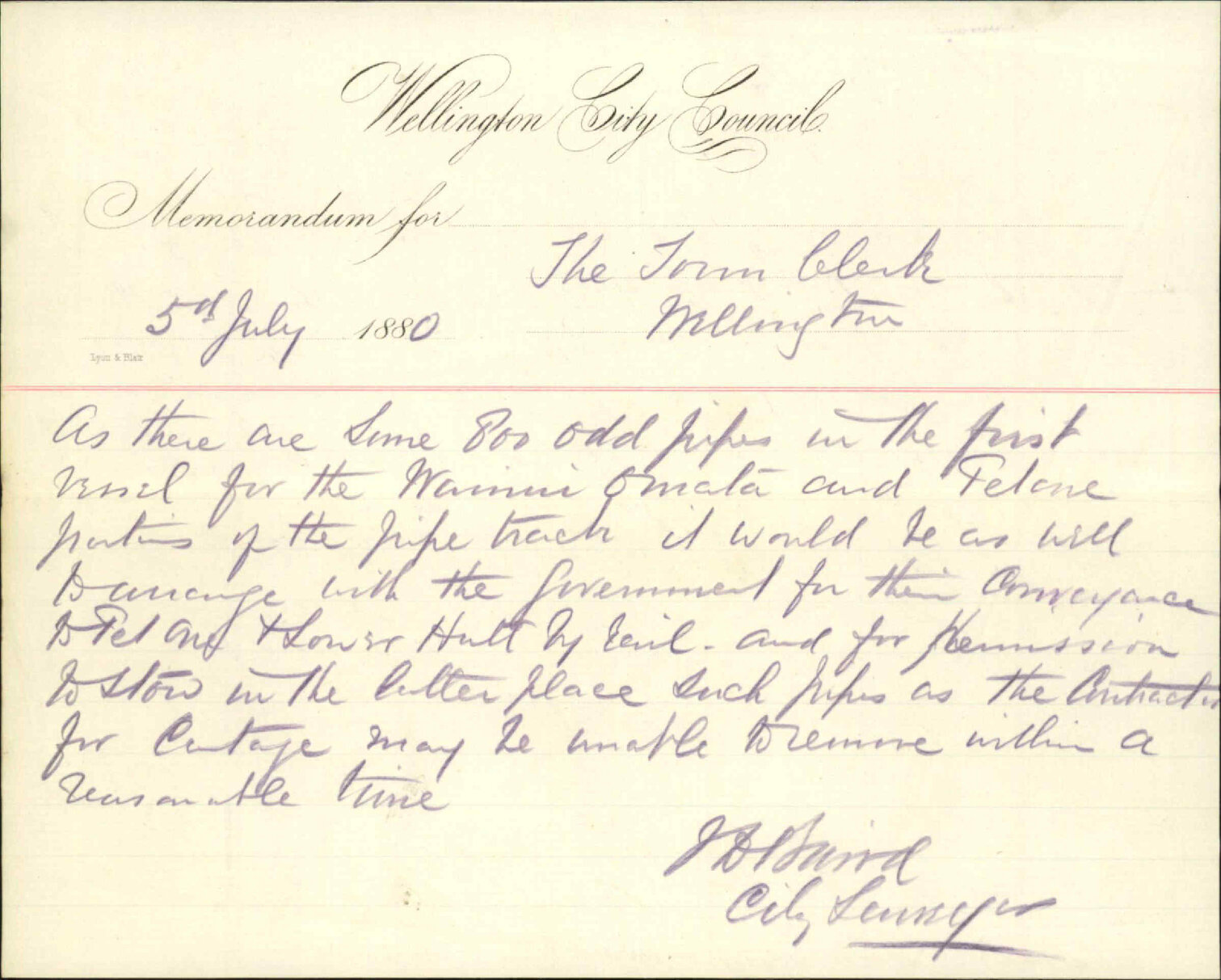 City Surveyor, regarding conveyance of Wainui plant by rail to Hutt