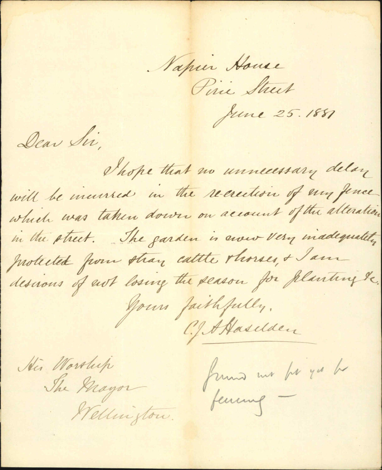 C J A Haselden, regarding erection of fence removed by Corporation