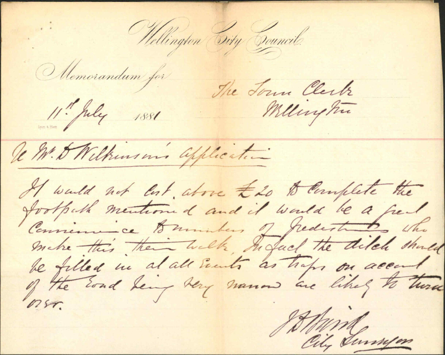 D N Wilkinson, regarding drain and fence on his property at Oriental Bay