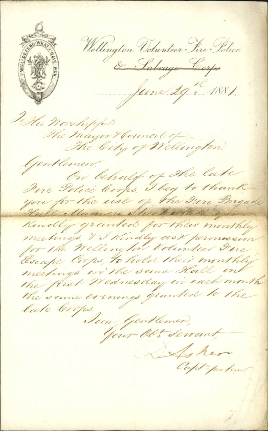 Fire Escape Corps, asking for use of Fire Brigade hall