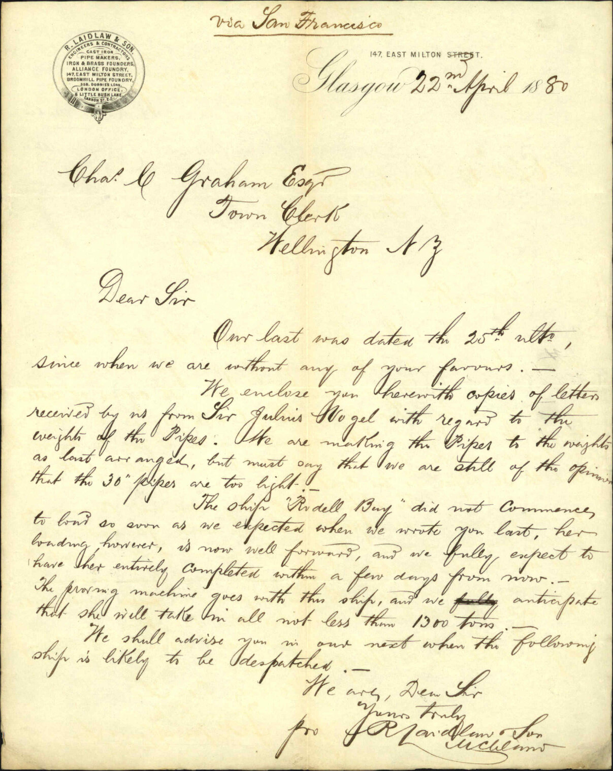 R Laidlaw and Son, regarding shipment of pipes and correspondence as to alterations in weights
