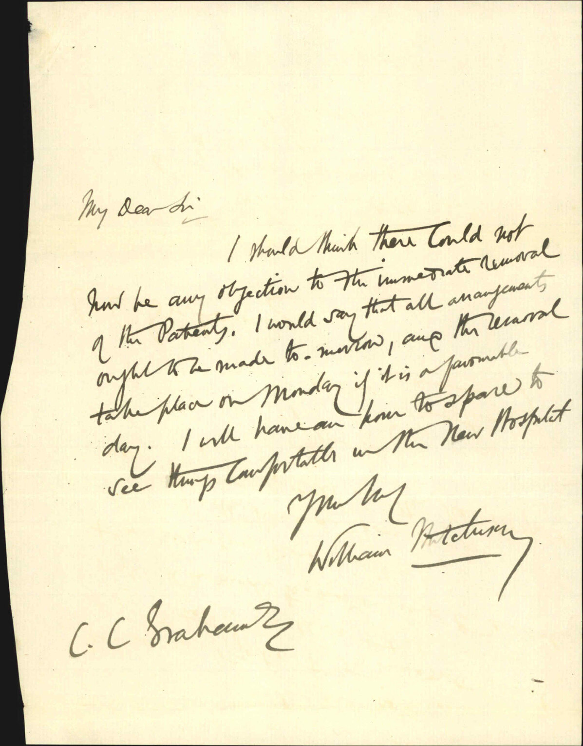Hospital Surgeon, regarding removal of patients to new hospital