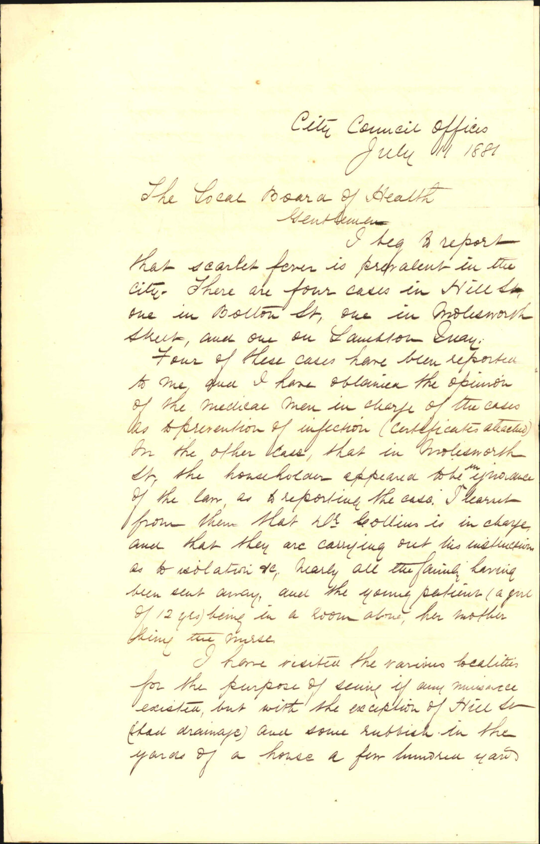Inspector of Nuisances, regarding cases of scarlatina [scarlet fever] in town and precautions