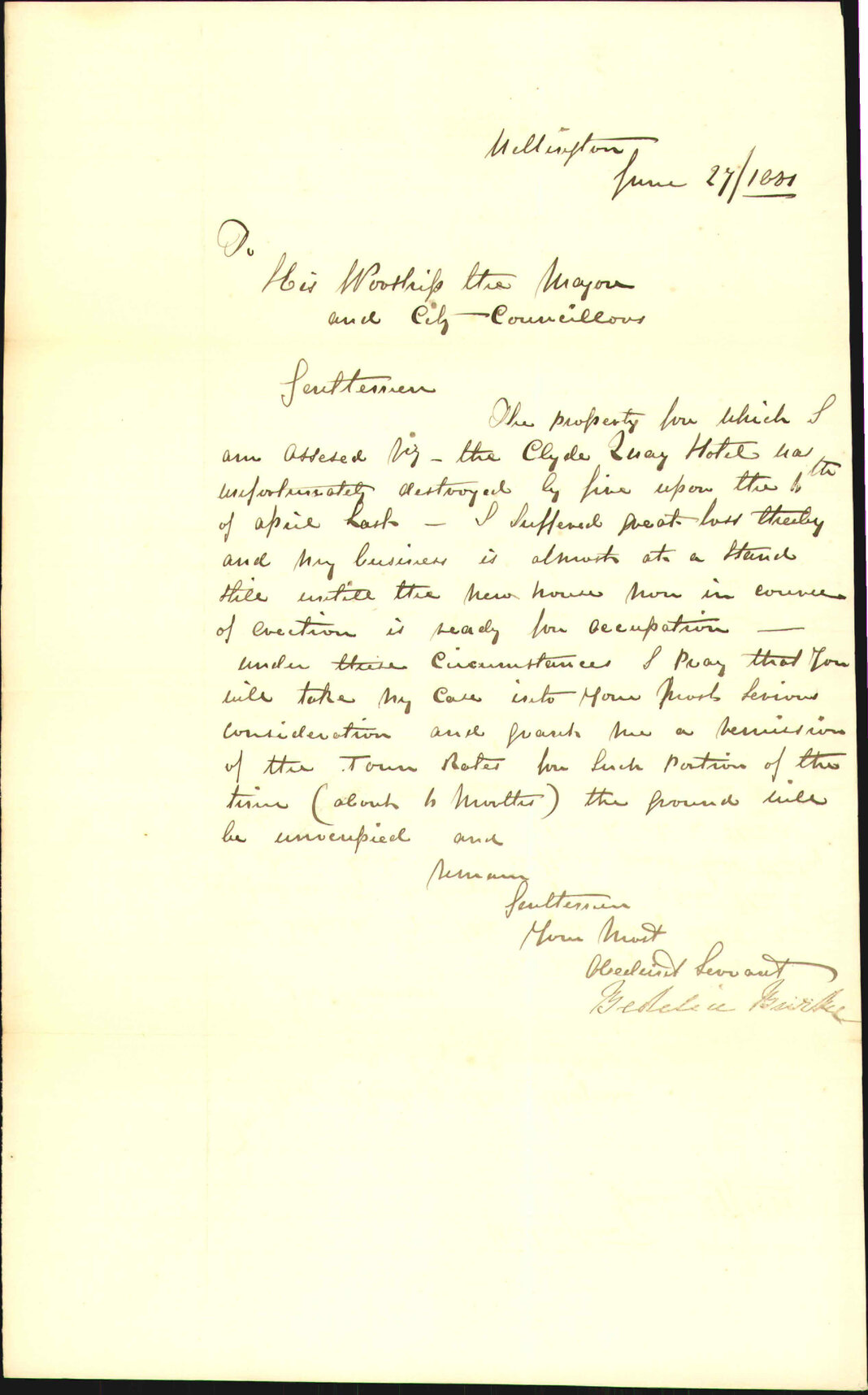 Mrs Burke, regarding rates on property at Clyde Quay destroyed by fire