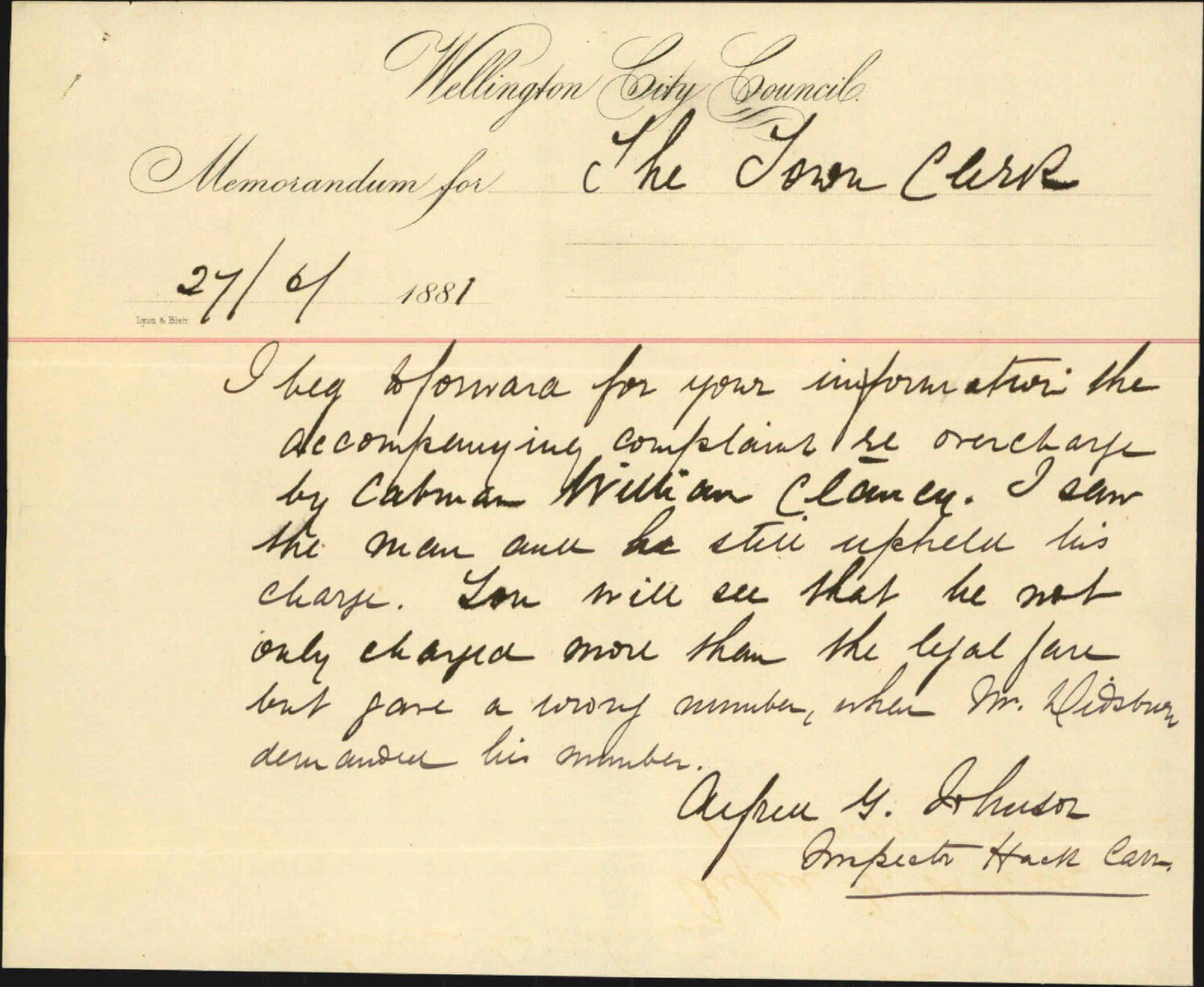 Inspector of Nuisances, complaint against cabman Clancy