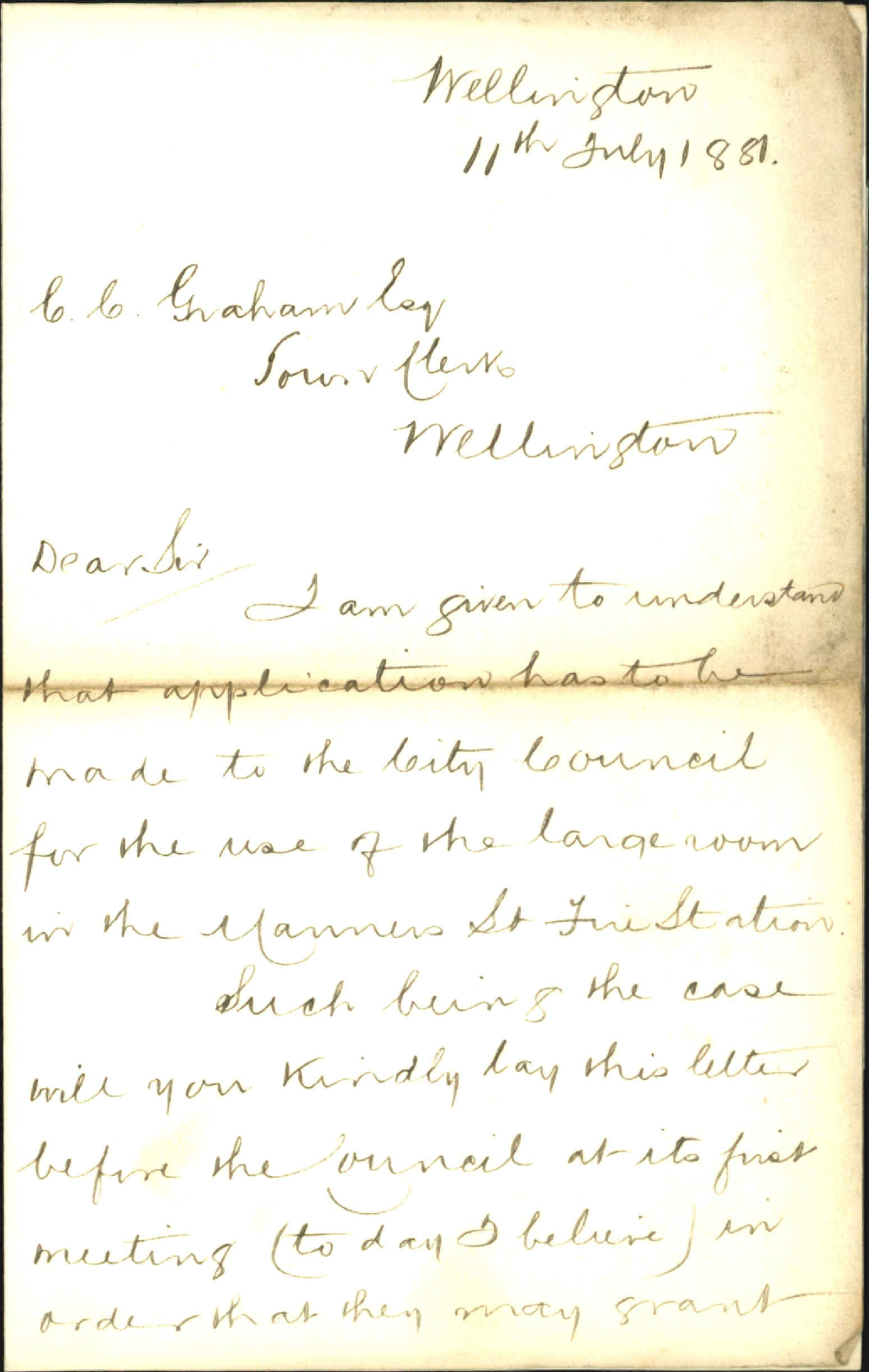Wellington Guards, application for use of Manners Street Fire Brigade hall