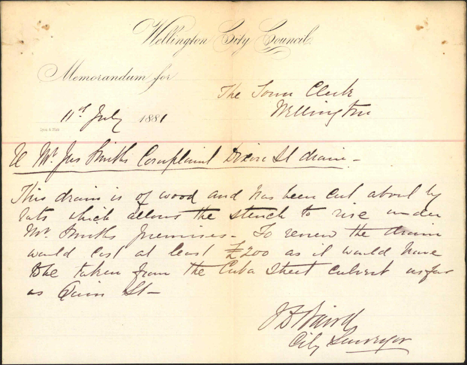 James Smith, complaint of nuisance caused by bad drain in Dixon Street