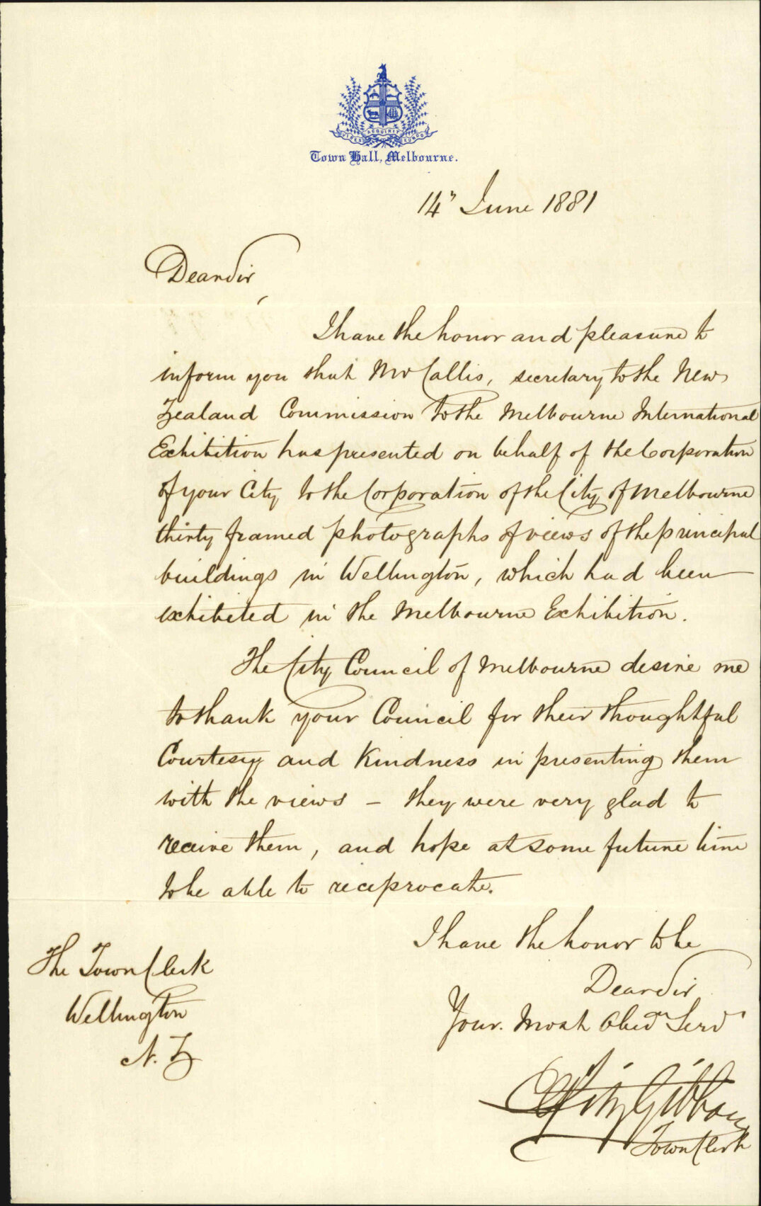 Town Clerk, Melbourne, acknowledging present of Corporation photographs