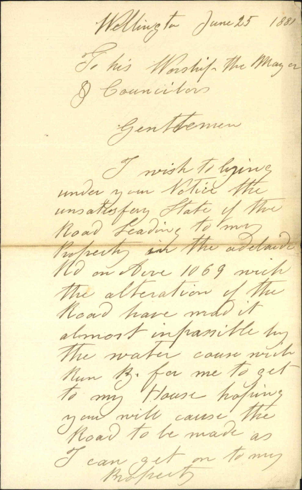 S Townsend, regarding approach to his property in Adelaide Road