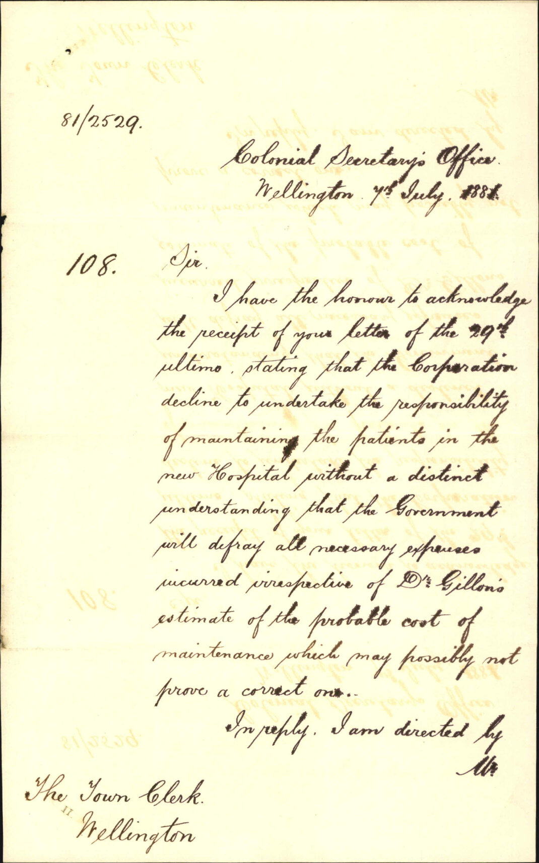 Colonial Secretary's Office, instructions as to removal of patients to new hospital