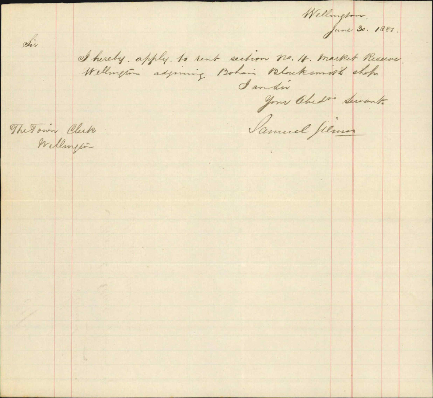 Samuel Gilmer, application to lease potion of Market Hall reserve