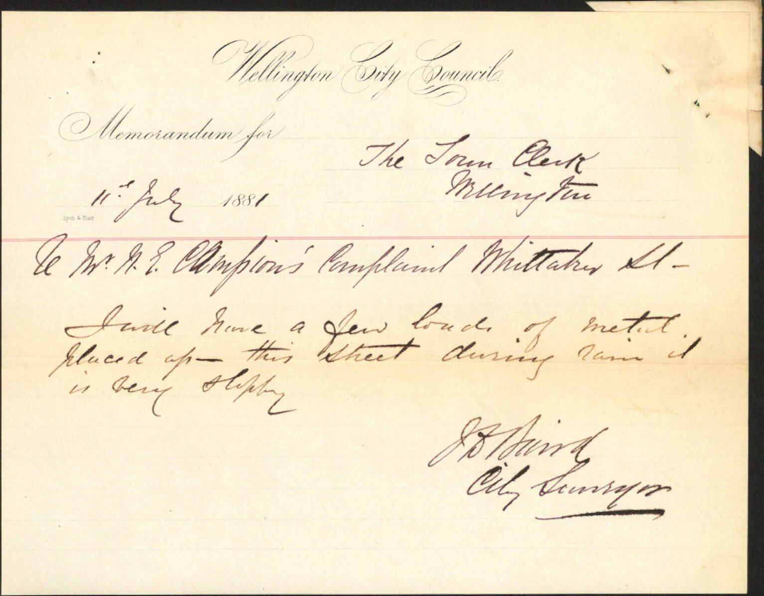 A E Campion, complaint as to state of Whittaker Street [George Street]