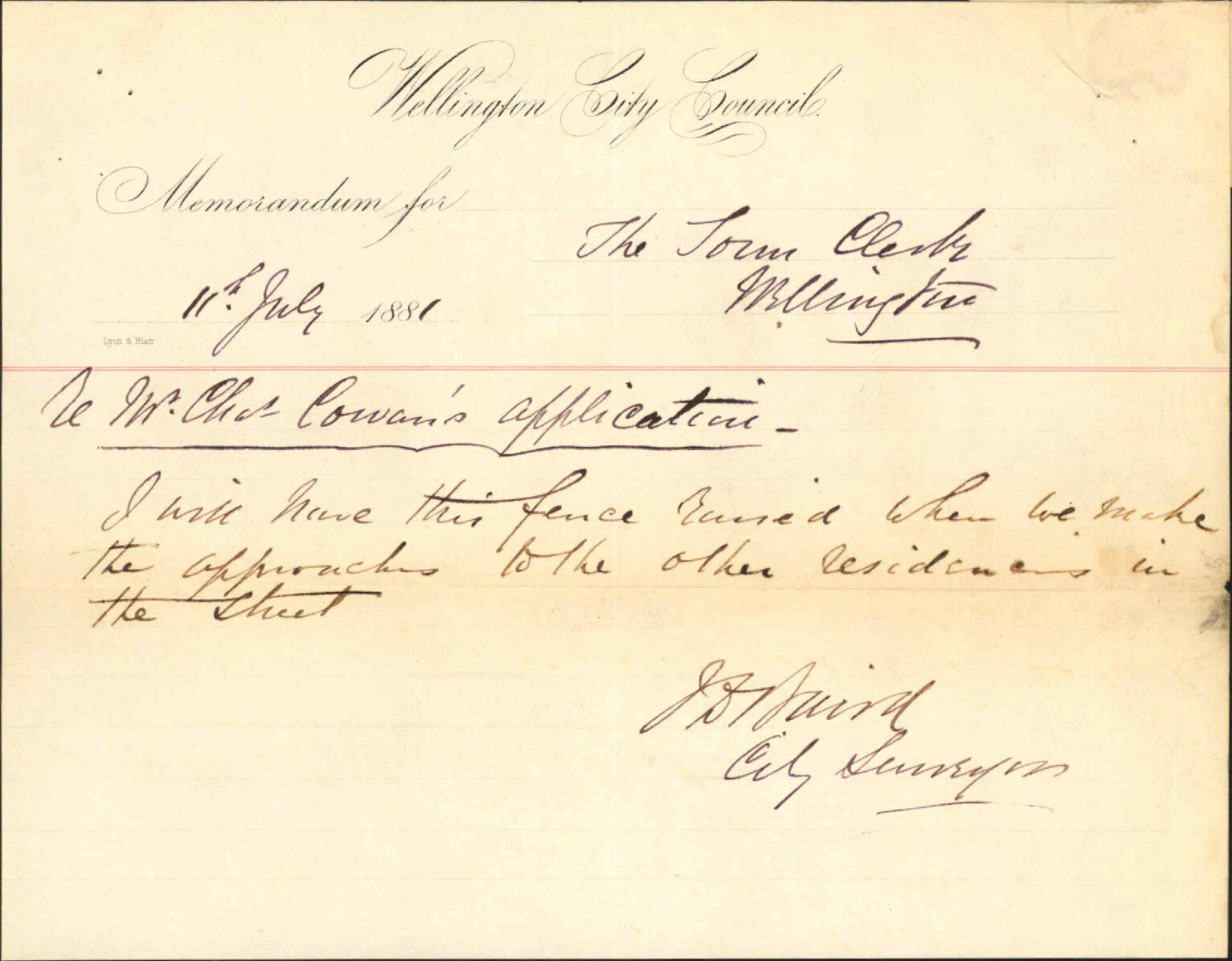 Charles Cowan, complaints as to formation of footpath in Herald Street