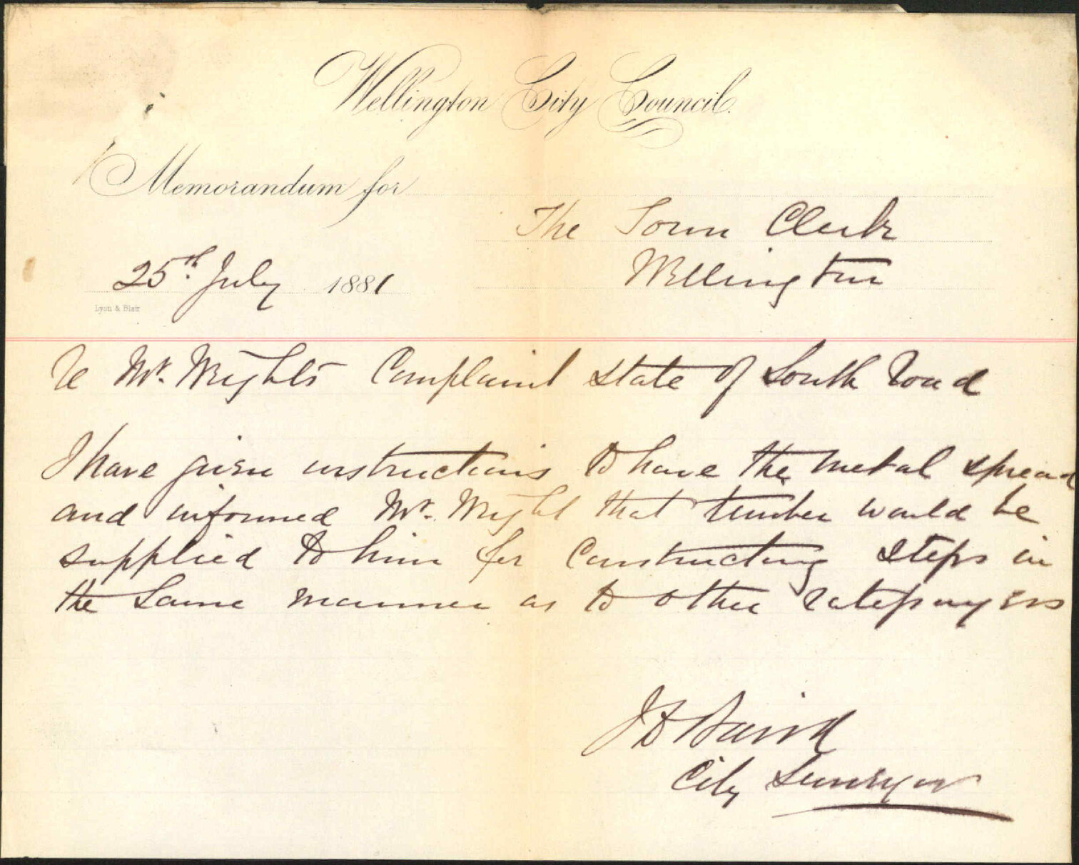 Henry Wright, complaint as to state of South Road
