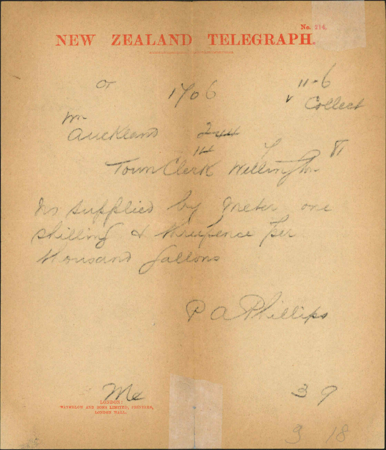 Town Clerk, Auckland, regarding supply of water to schools by rate 1/3 per 1000 gallons