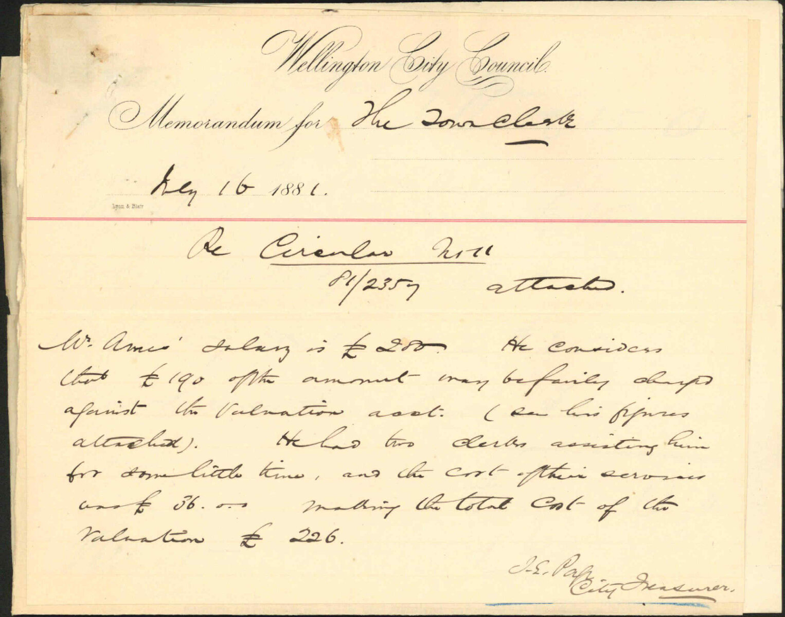 Colonial Secretary's Office, circular regarding cost of annual valuation