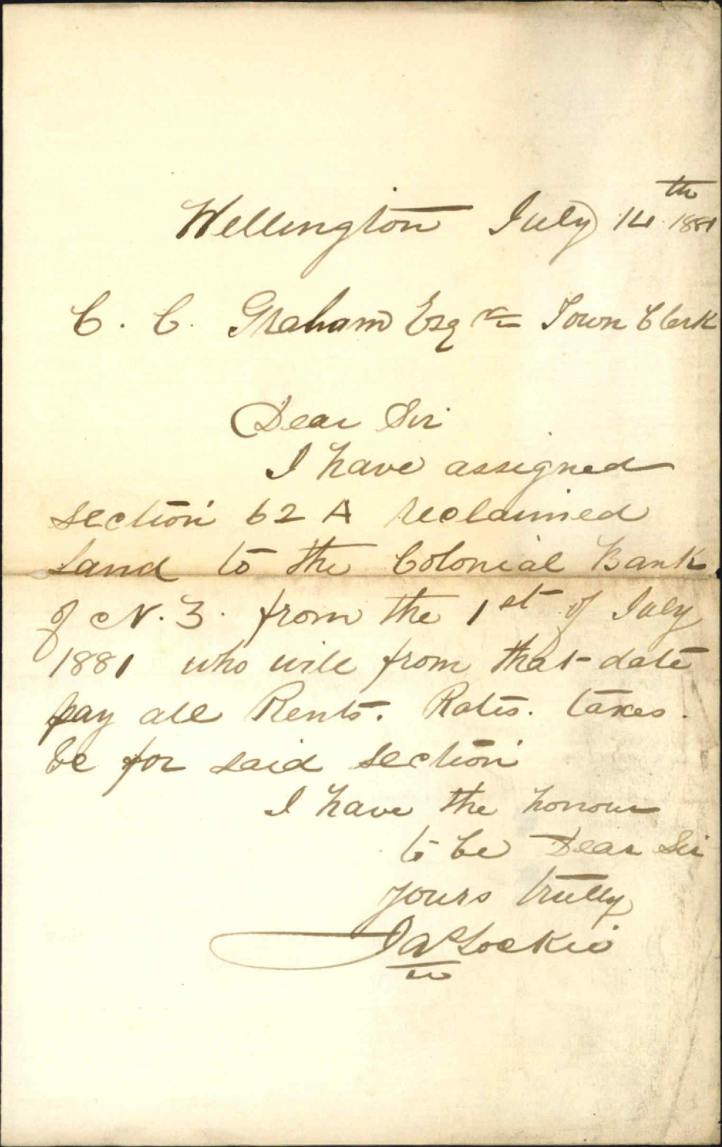 James Lockie, notice of assignment of reclaimed land section