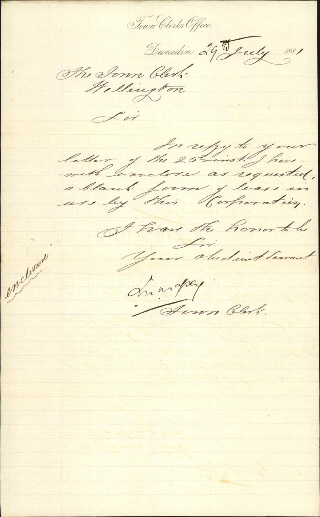 Town Clerk, Dunedin, forwarding copy of Corporation lease