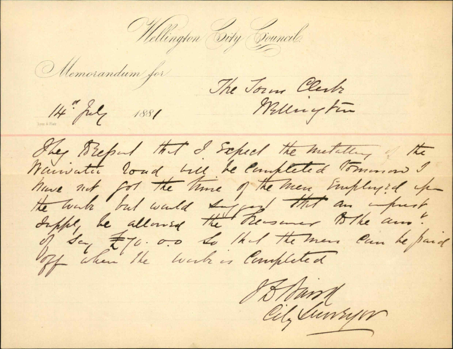 City Surveyor, asking imprest for Waiwatu Road
