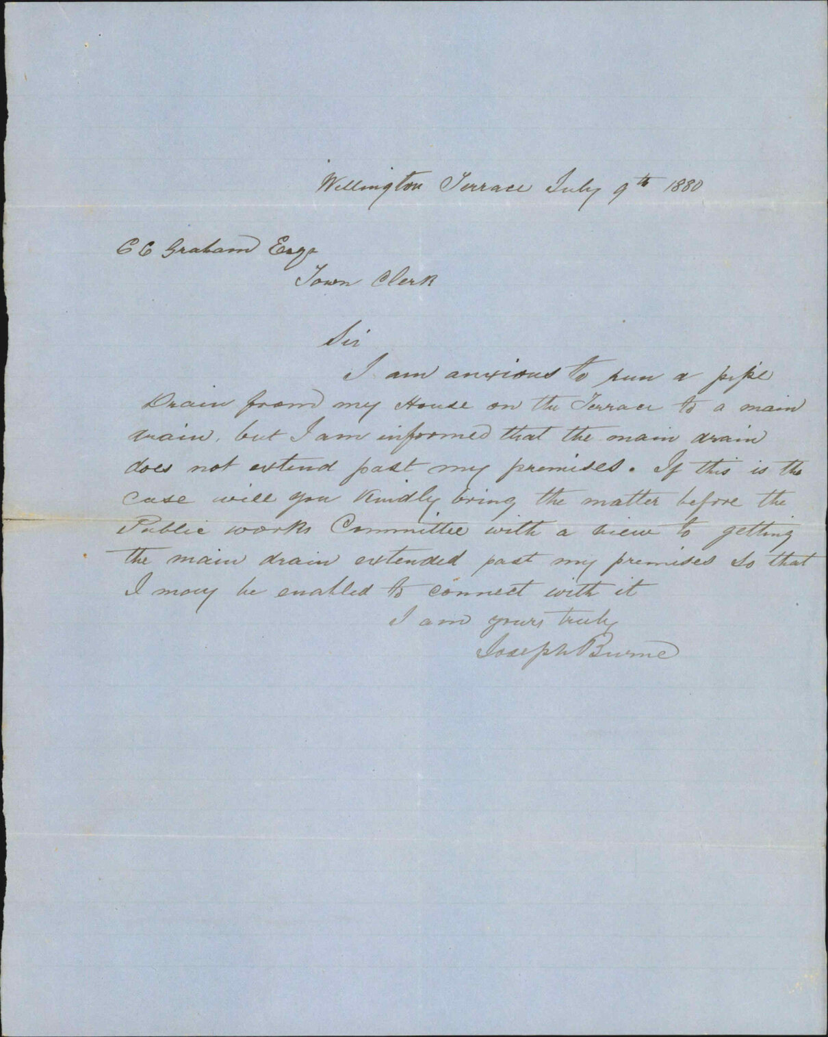 Joseph Burne, regarding drain connection in The Terrace