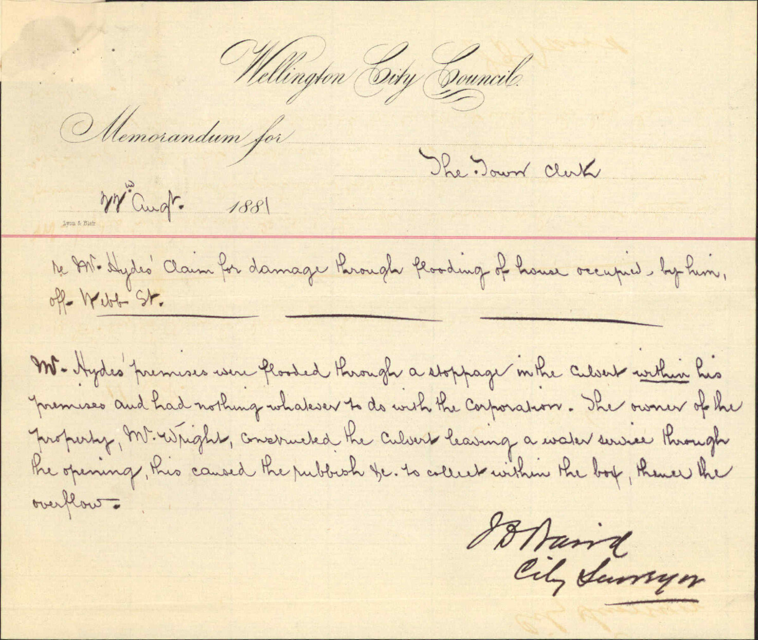 Joseph Hyde, claim for damage to property in Webb Street