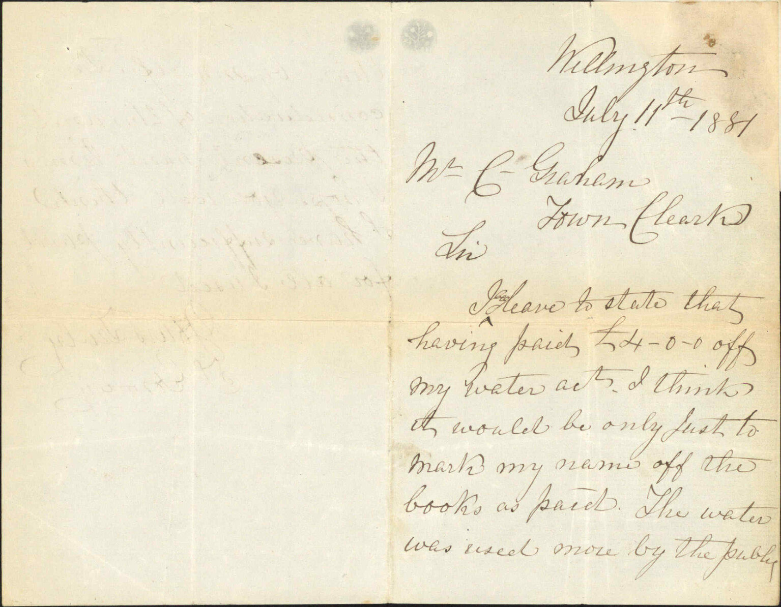 T Grimley, regarding charge for water supplied by meter