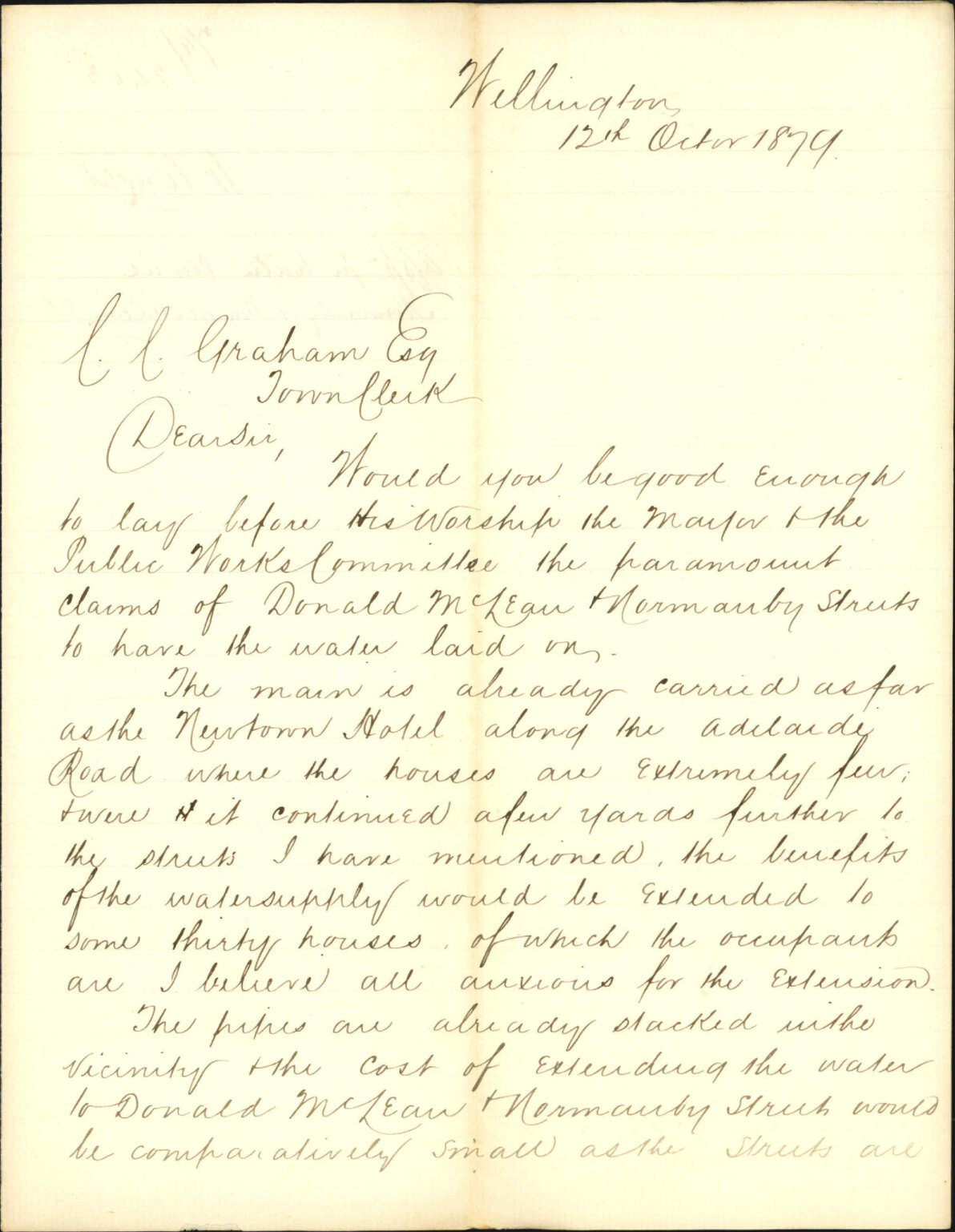 Requesting that water be laid on for Donald McLean and Normanby Streets - Henry Wright