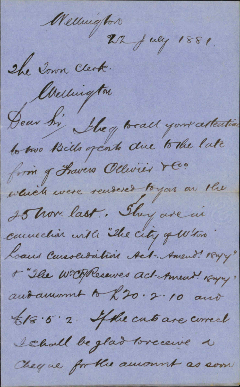 Travers Ollivier and Co, regarding B/Costs [bills of costs] - handed to City Solicitor